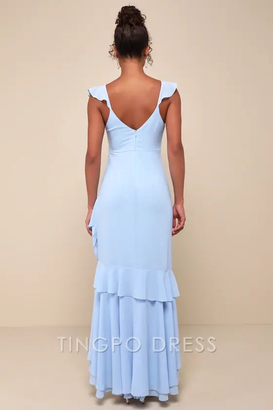 TingPo Wholesale Signature Elegance Charming Event Light Blue Asymmetrical Ruffled Maxi Dress formal wear dresses 